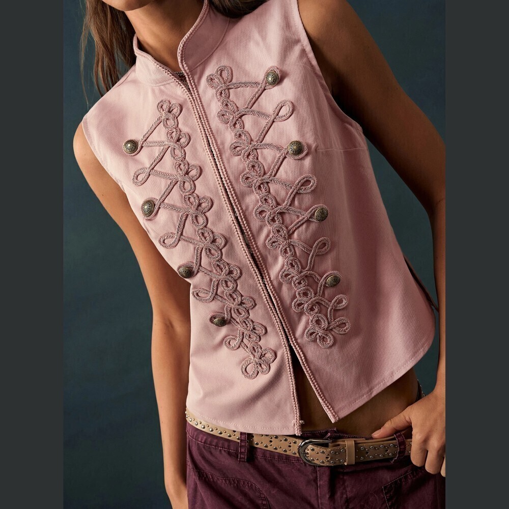 Dusty Pink Braided Cord Band Military Button Stand Collar Vest